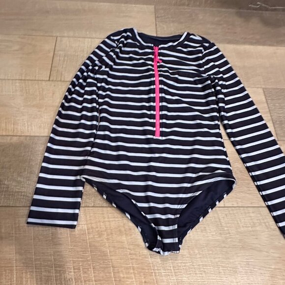 GAP KIDS GIRLS XXL 14 ONE PIECE SWIM SUIT BLUE STRIPE LONG SLEEVE - Picture 2 of 4